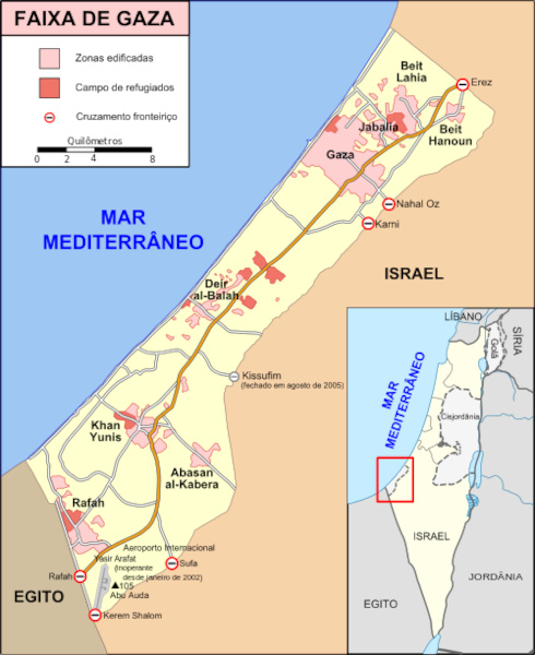 Mapa com localização da Faixa de Gaza, entre Israel e Egito, região que mais sofreu com a Guerra entre Israel e Hamas.