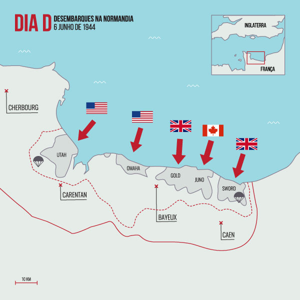 Mapa dos desembarques realizados na Normandia em 6 de junho de 1944, o Dia D.
