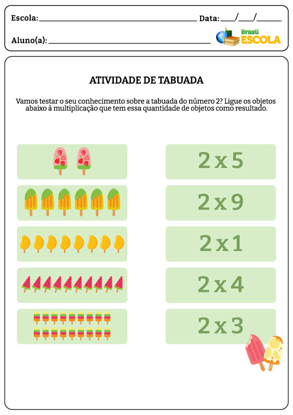Duas colunas com picolés e multiplicações em atividade de tabuada.