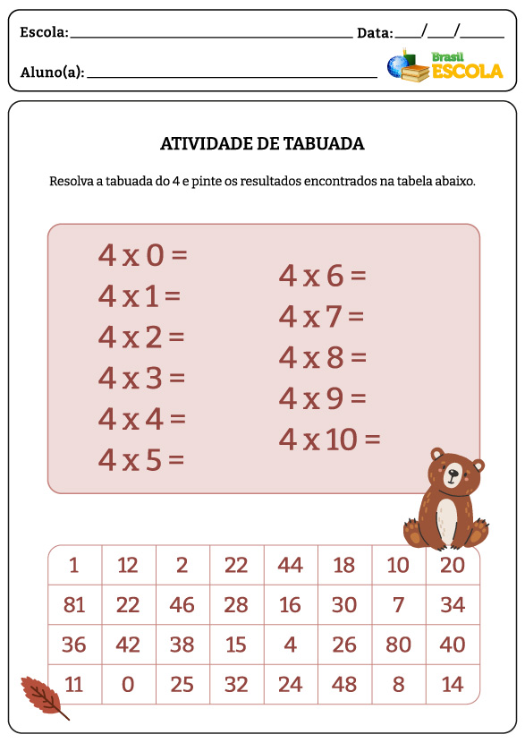Tabuada de multiplicação do 4, urso e quadro com números em atividade de tabuada.