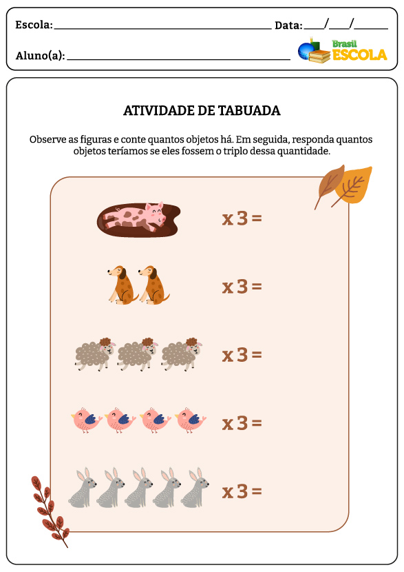 Coelhos, passarinhos, ovelhas, cachorros e porco em atividade de tabuada de multiplicação do 3.
