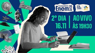 Texto "2º dia | Enem 2025" escrito sobre fundo azul com uma jovem estudando.