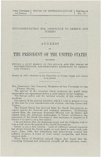 Página inicial do documento contendo o discurso que Truman proferiu no Congresso norte-americano em 1947.