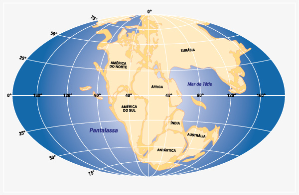 Representação cartográfica da Pantalassa e da Pangeia. 