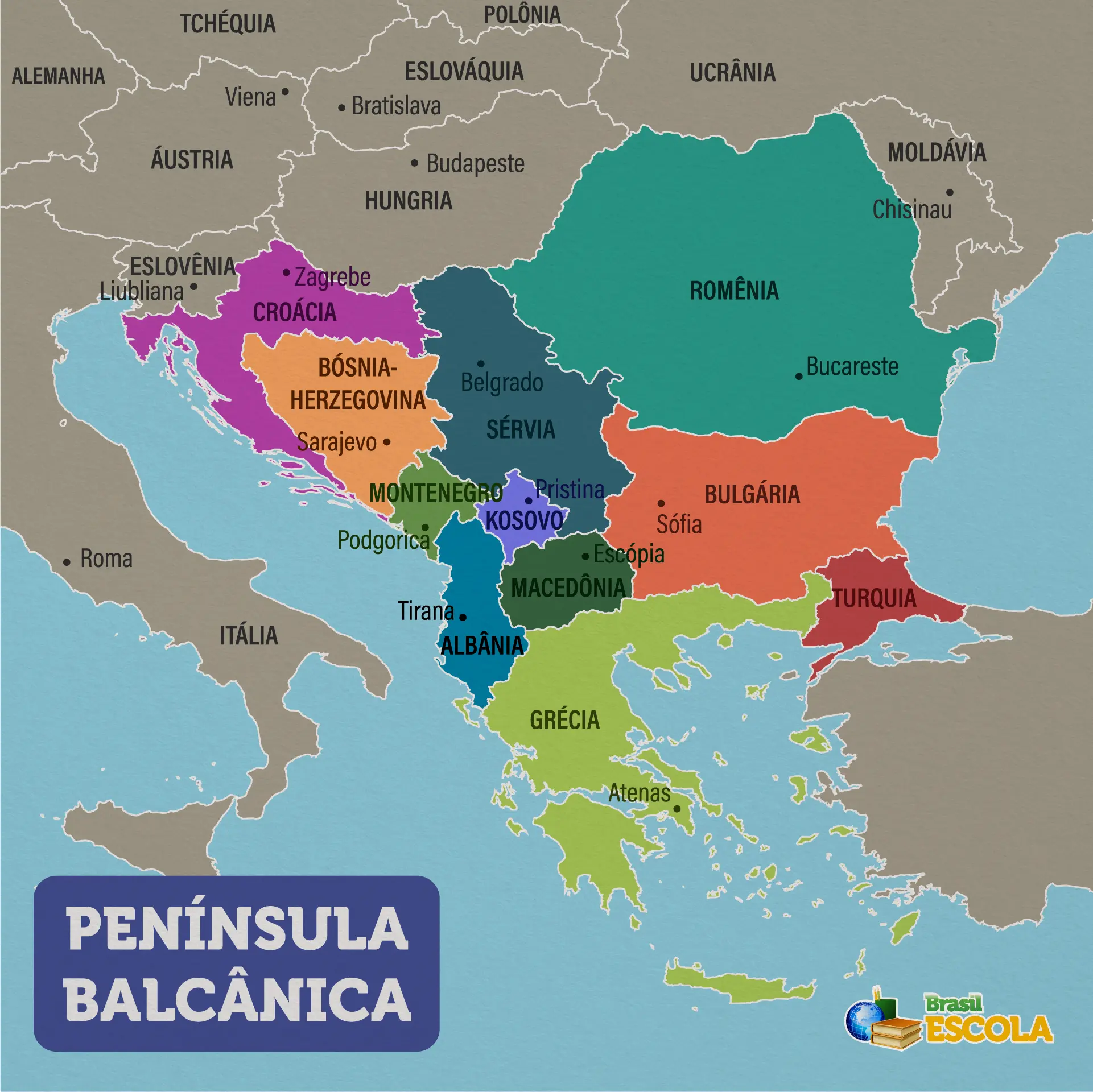 Mapa da Península Balcânica (Bálcãs). 