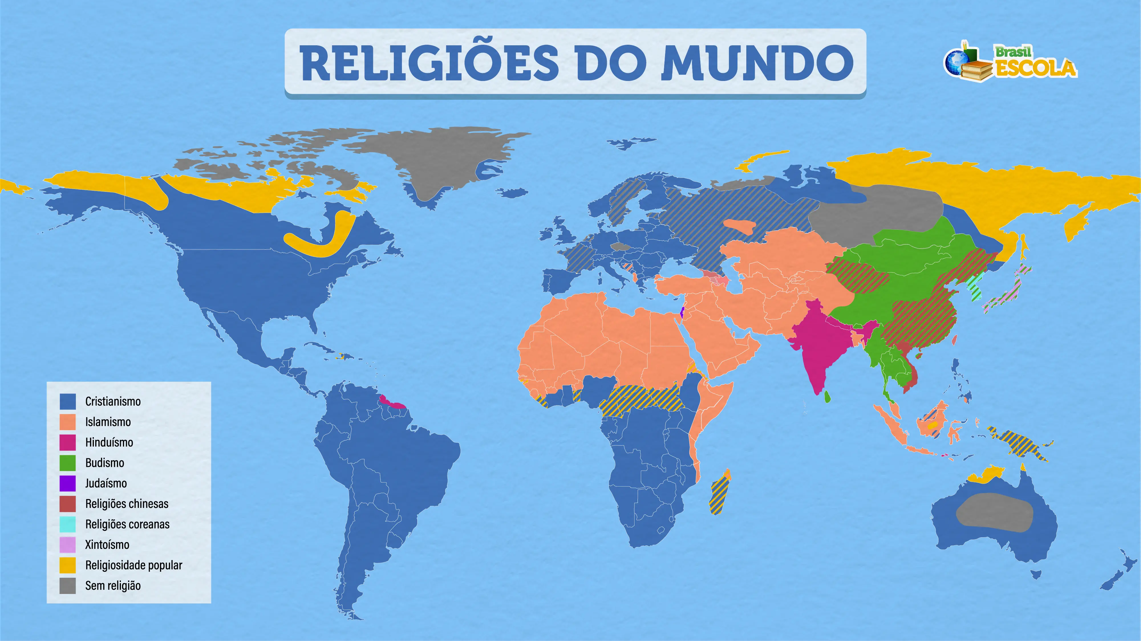 Um mapa do mundo que mostra as principais religiões distribuídas no mundo na atualidade.