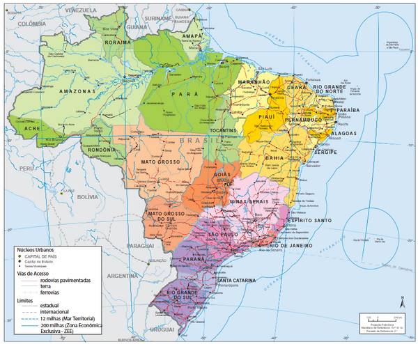 Mapa político do Brasil, que apresenta todos os principais aspectos do território brasileiro. Fonte: IBGE.