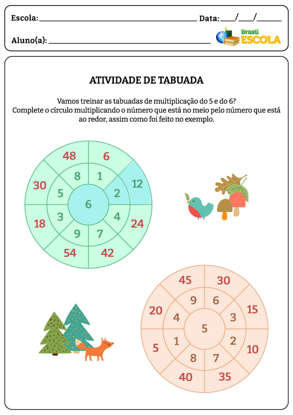 Pinheiros, raposa, pássaros e dois círculos com números em atividade de tabuada com respostas.