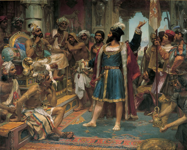 Pintura retratando Vasco da Gama sendo recebido pelo sultão de Calicute, na Índia.