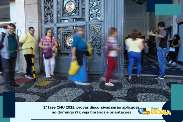 Foto de candidatos do CNU na porta do local de prova. Texto: título da notícia.