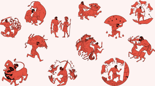 Ilustração representando os doze trabalhos de Hércules, um famoso mito da mitologia grega.