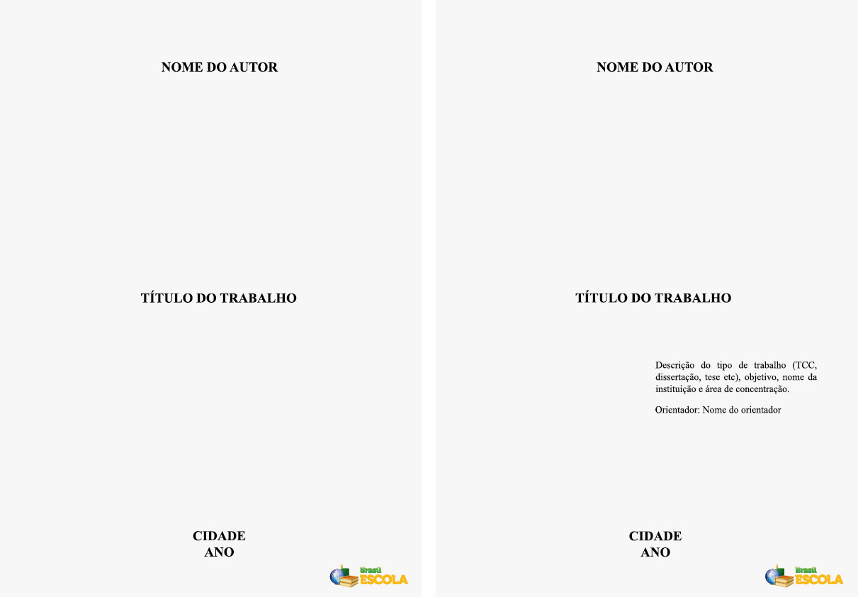 Duas páginas com modelos de capa e folha de rosto nas normas da ABNT.