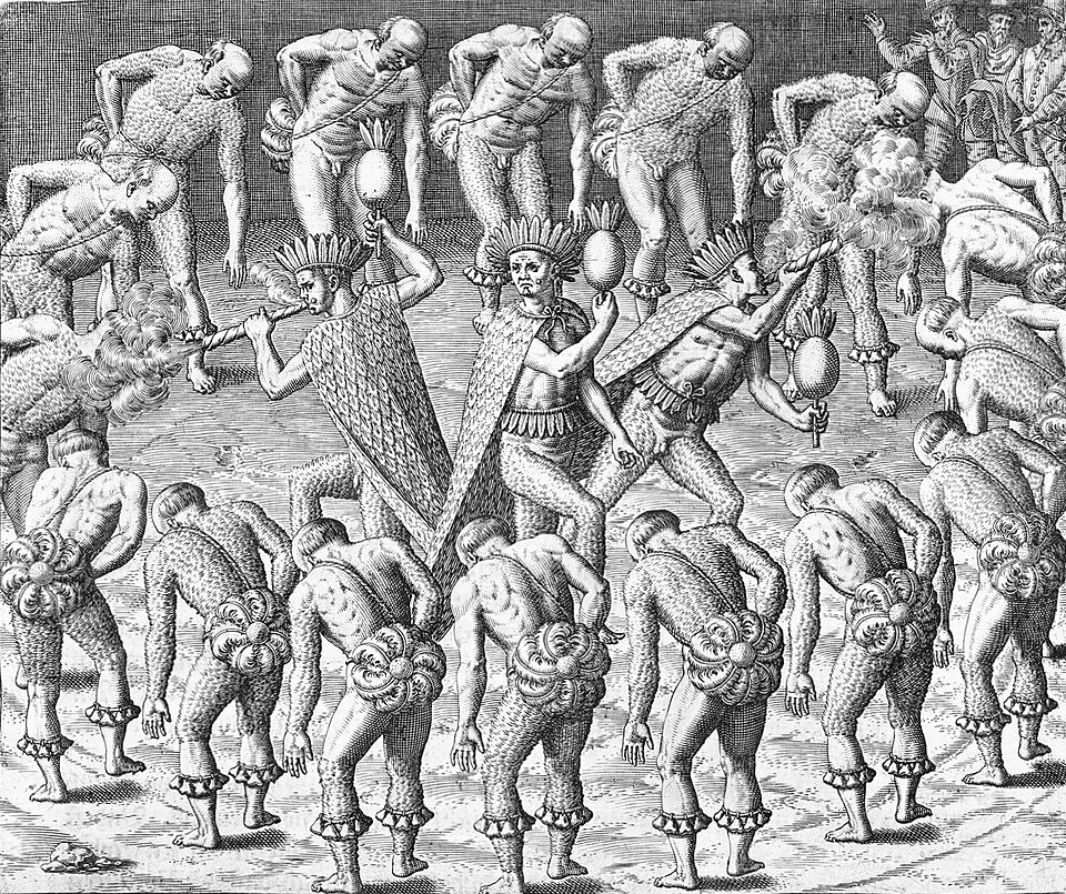 Gravura que retrata um ritual realizado pelos tupinambás. 