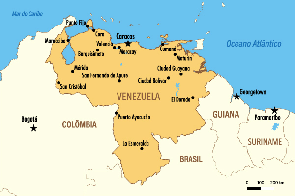 Mapa mostrando a atual configuração da Venezuela, evidenciando um importante aspecto de sua história. 