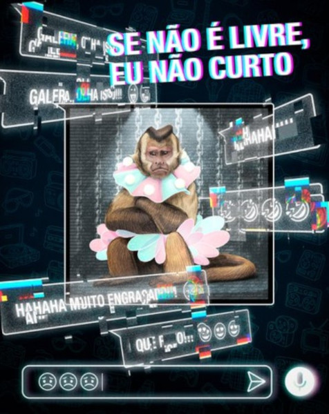 Pôster de campanha do Ibama contra conteúdos que exibem animais silvestres nas redes sociais como animais domésticos.