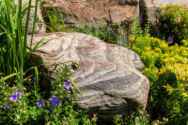 Bandeamento em rocha do tipo gnaisse, um exemplo de rocha metam&oacute;rfica.