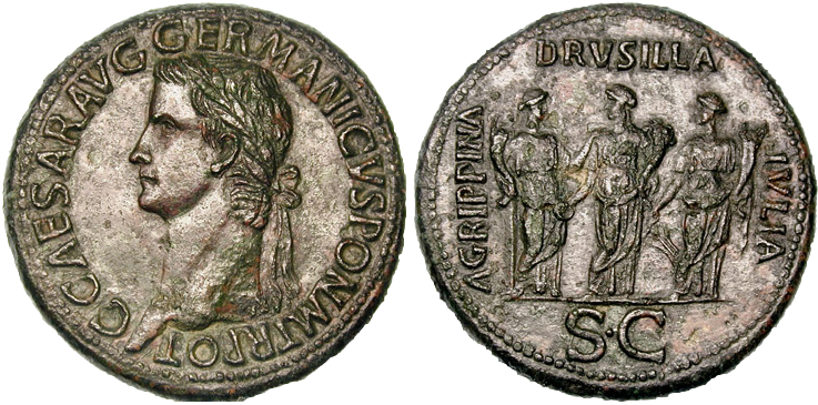 Moeda romana de 38 d.C. com o perfil de Calígula de um lado e suas três irmãs do outro.