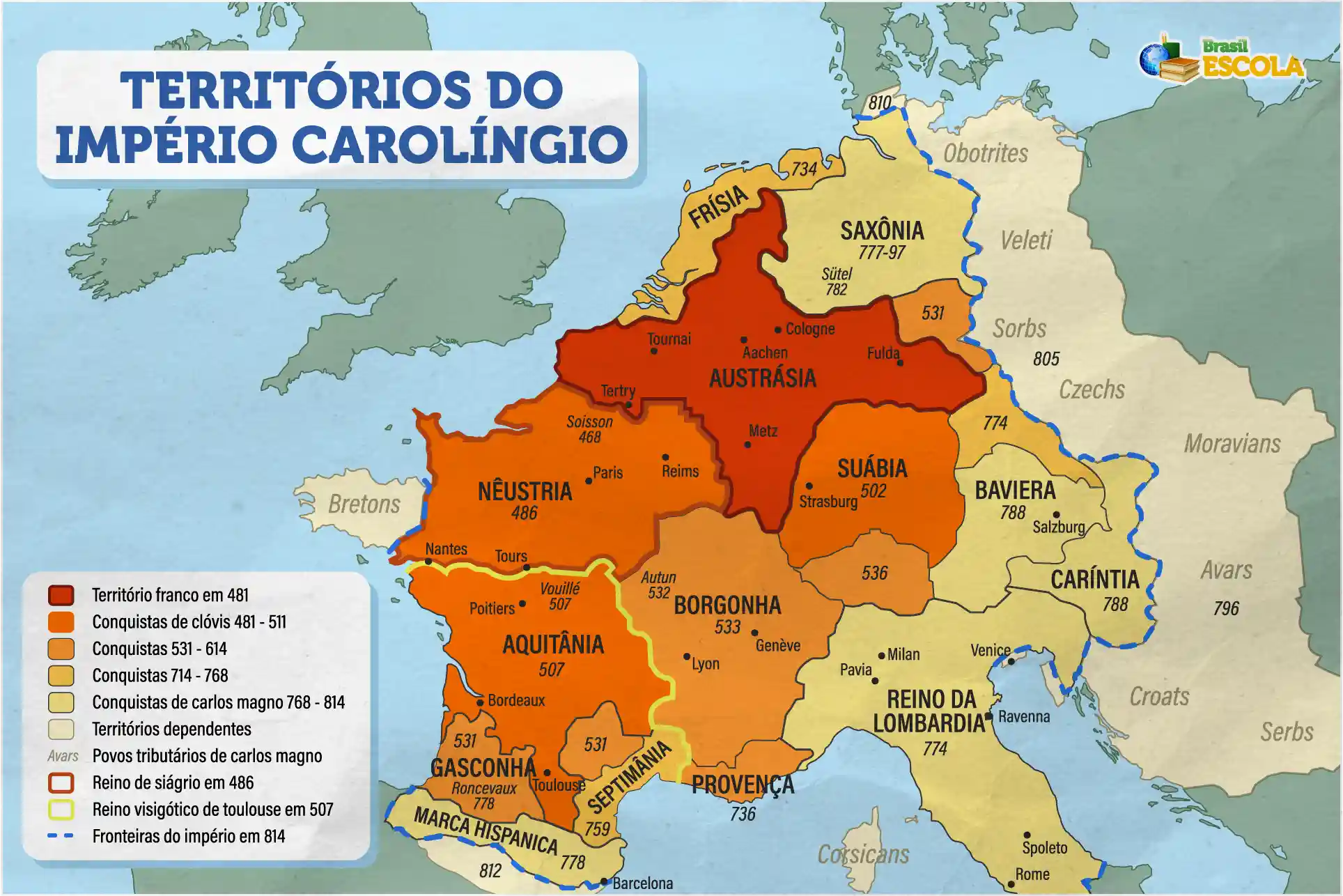 Mapa do Reino Franco e do Império Carolíngio, governado por Carlos Magno.