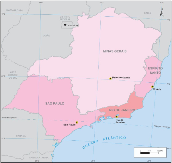 Mapa do IBGE mostra os estados e capitais da Região Sudeste.