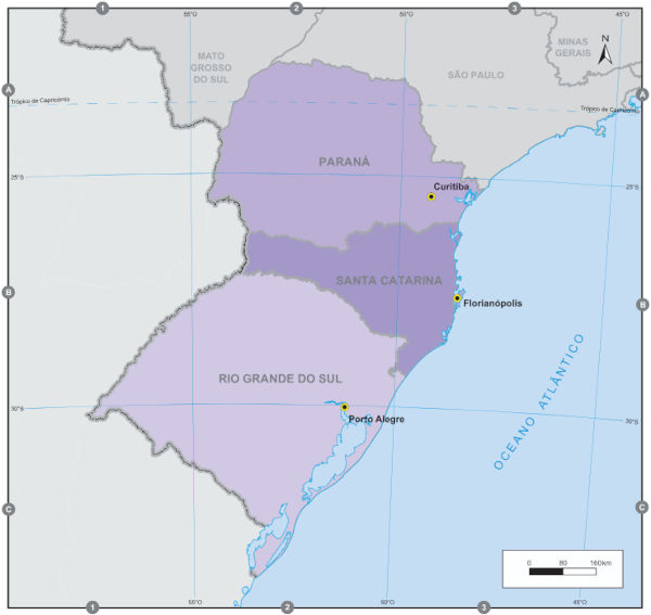 Mapa da região Sul do Brasil.