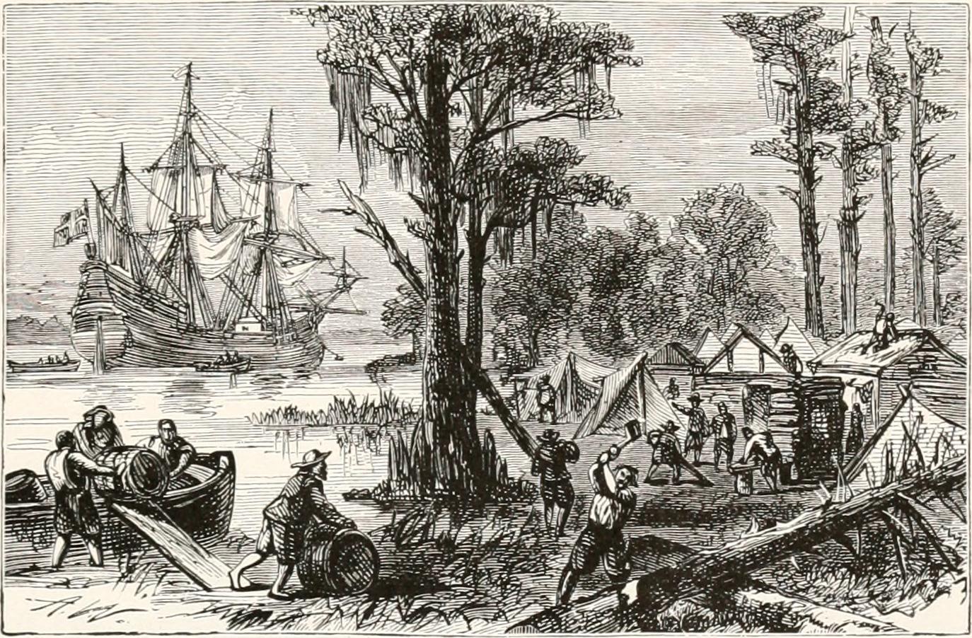 Obra do século XX representando a construção da colônia inglesa de Jamestown.