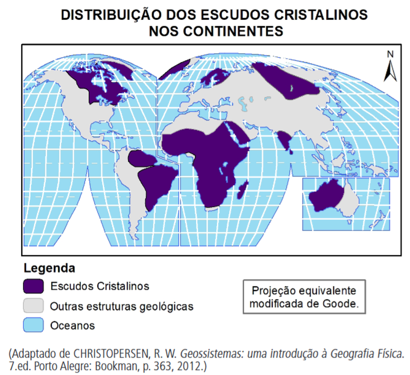 Mapa da distribuição dos escudos cristalinos nos continentes.