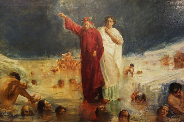 Dante e Virgílio no Inferno, pintura de Pedro Alcántara Quijano Montero em texto sobre literatura medieval.