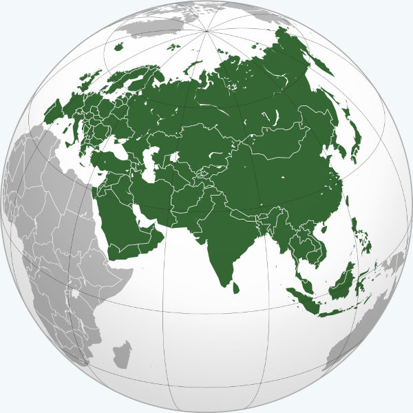Representação do globo terrestre com mapa da Eurásia em destaque.