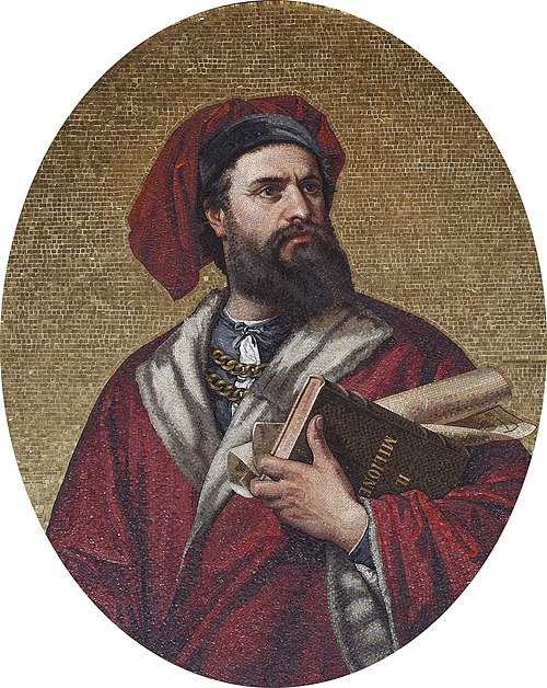 Mosaico de 1867 representando Marco Polo segurando um livro. 