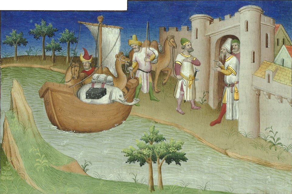 Ilustração retratando Marco Polo chegando à Pérsia em seu navio.