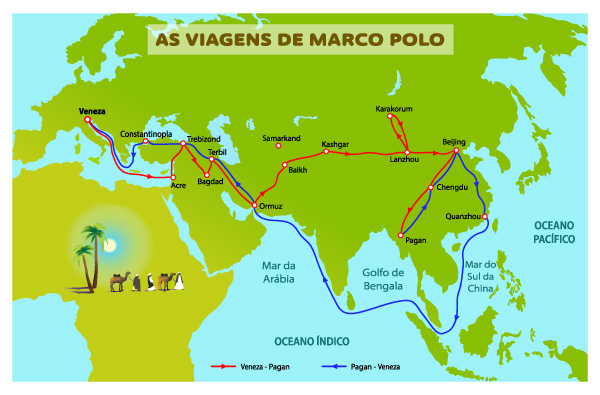 Mapa das viagens de Marco Polo.