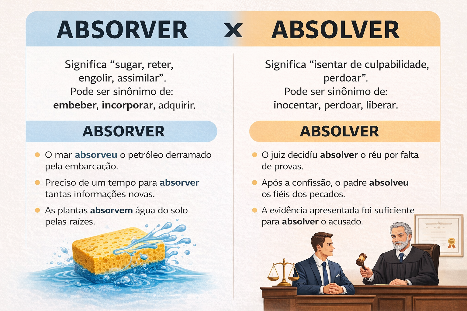 Esquema ilustrativo mostra diferenças de significado entre absorver e absolver.