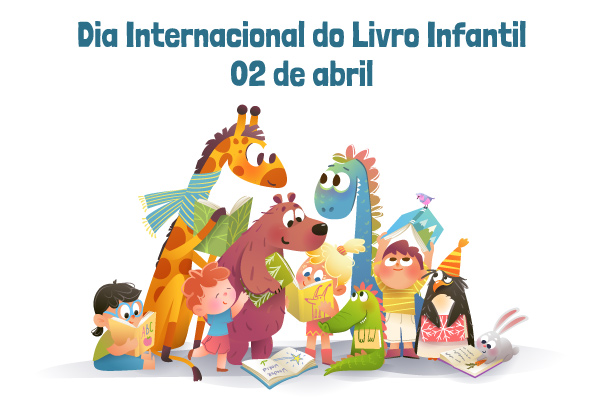 Ilustração de crianças e animais lendo um livro em referência ao Dia Internacional do Livro Infantil.