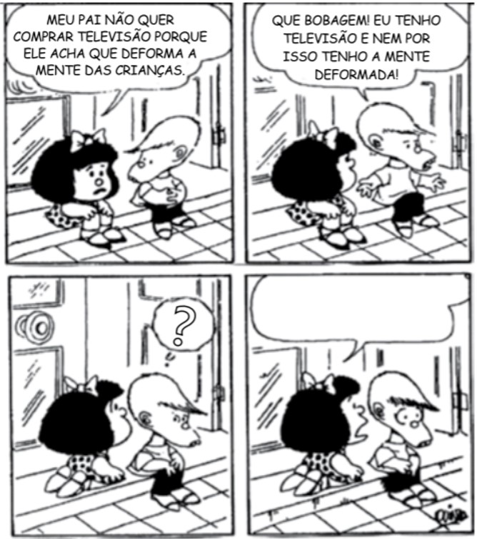 Tirinha com diálogo entre Mafalda e Tino em exercícios sobre figuras de palavras.