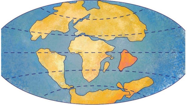 Distribuição dos continentes há 66 milhões de anos, na transição entre o Cretáceo Superior e o Paleoceno. Fonte: IBGE.