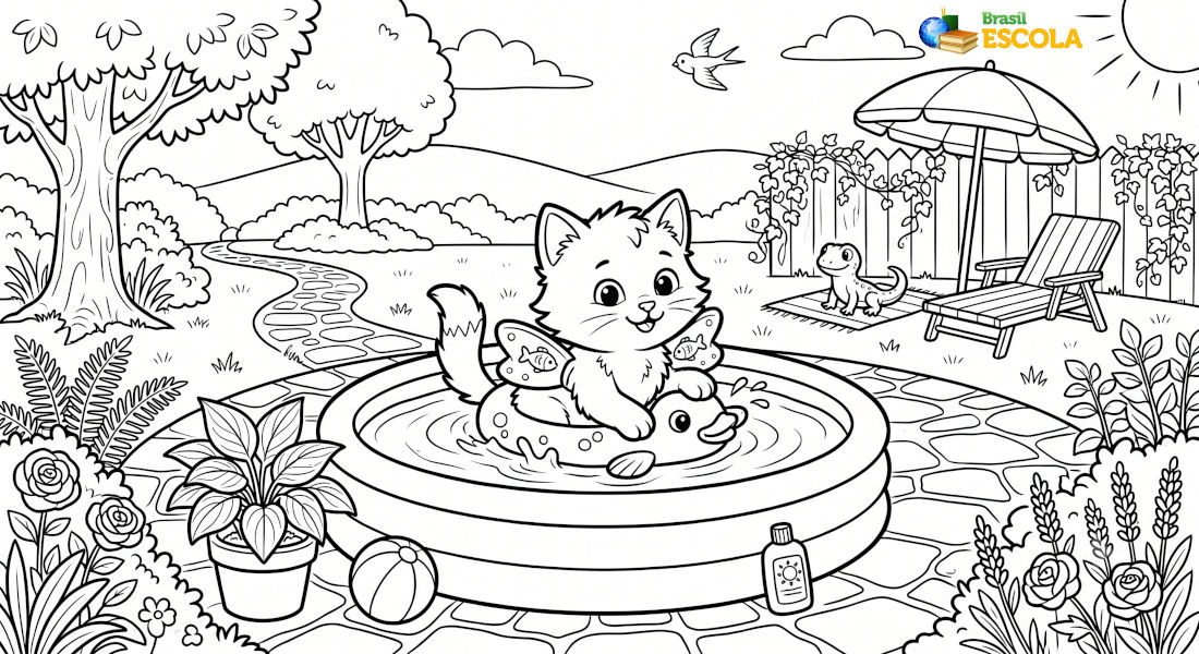 desenho de um gatinho brincando na piscina