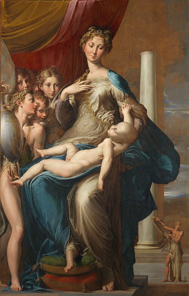 Obra “Madona do Pescoço Longo”, de Parmigianino, destacando proporções distorcidas e elegância artificial maneirista.
