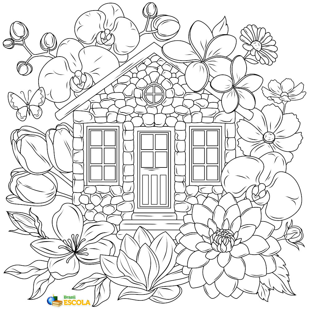 Desenho de casa florida para pintar