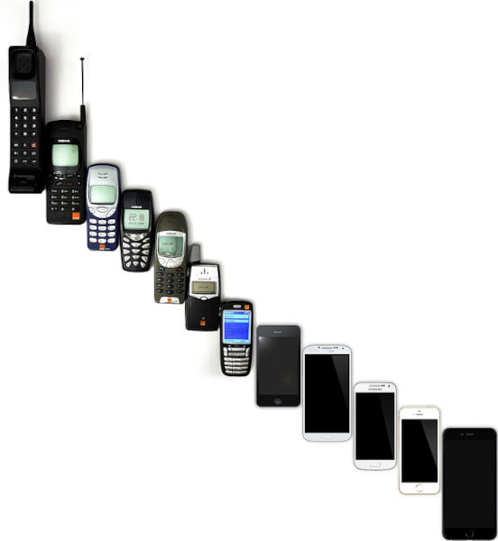 Imagem ilustrando, da esquerda para a direita, a evolução da telefonia celular a partir dos anos 1990.