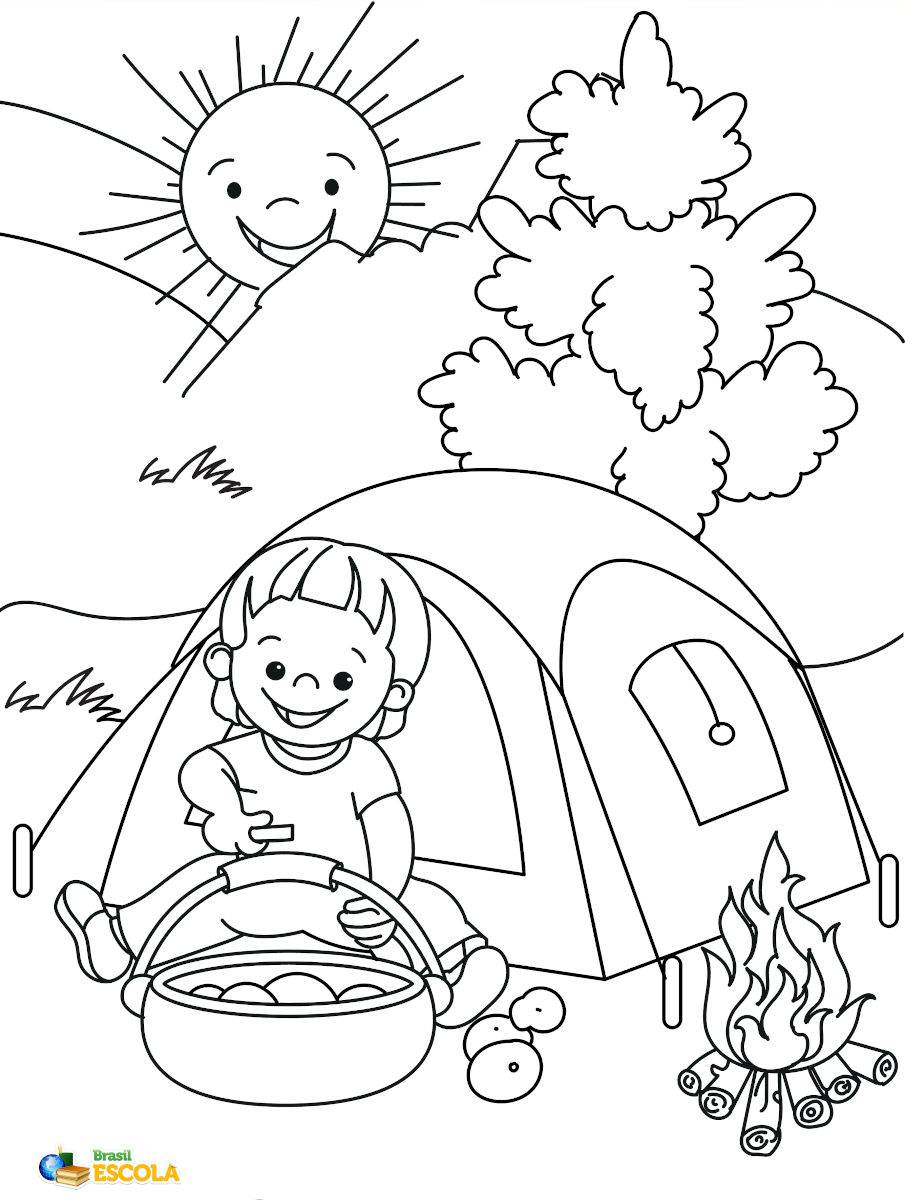 Desenho de uma criança em acampamento para pintar