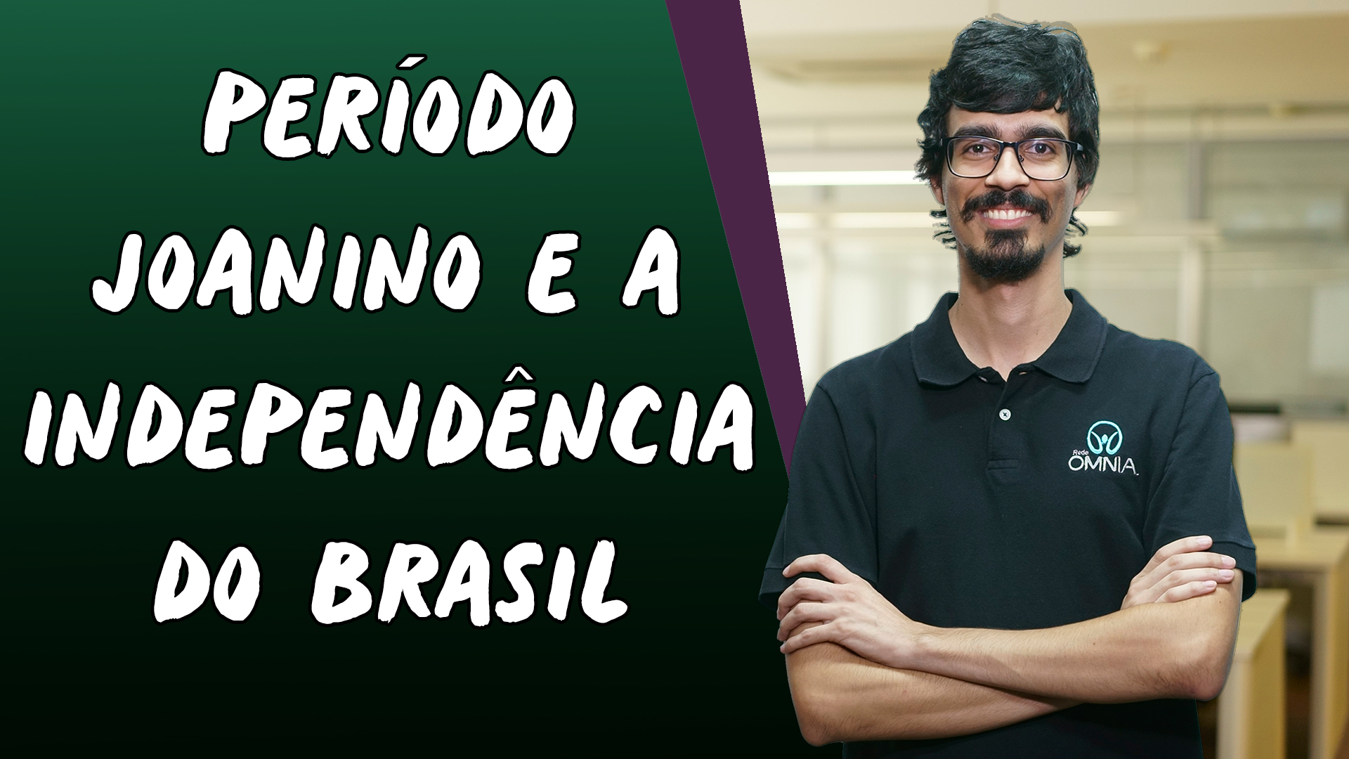 "Período Joanino e a Independência do Brasil" escrito sobre fundo verde ao lado da imagem do professor