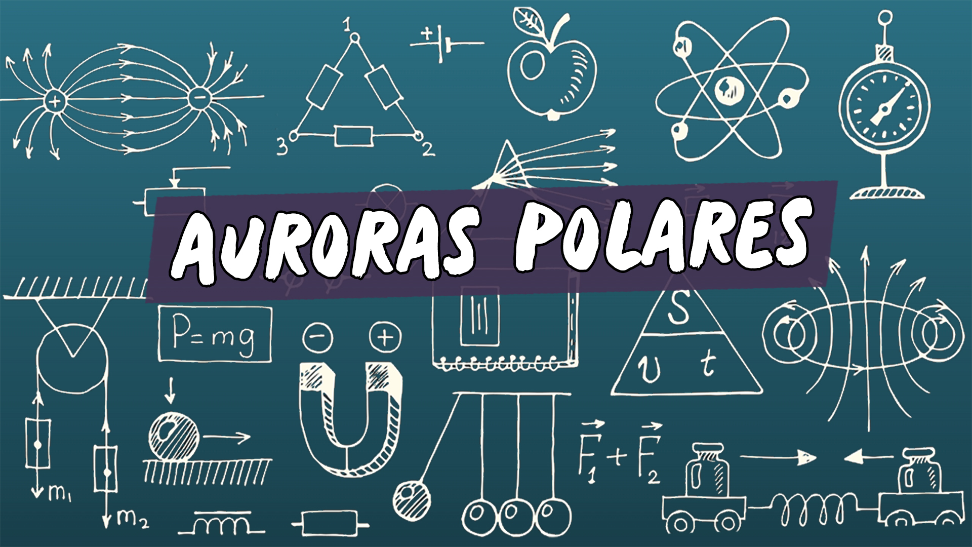 Escrito"Auroras Polares" sobre uma representação de vários conceitos da área da física.