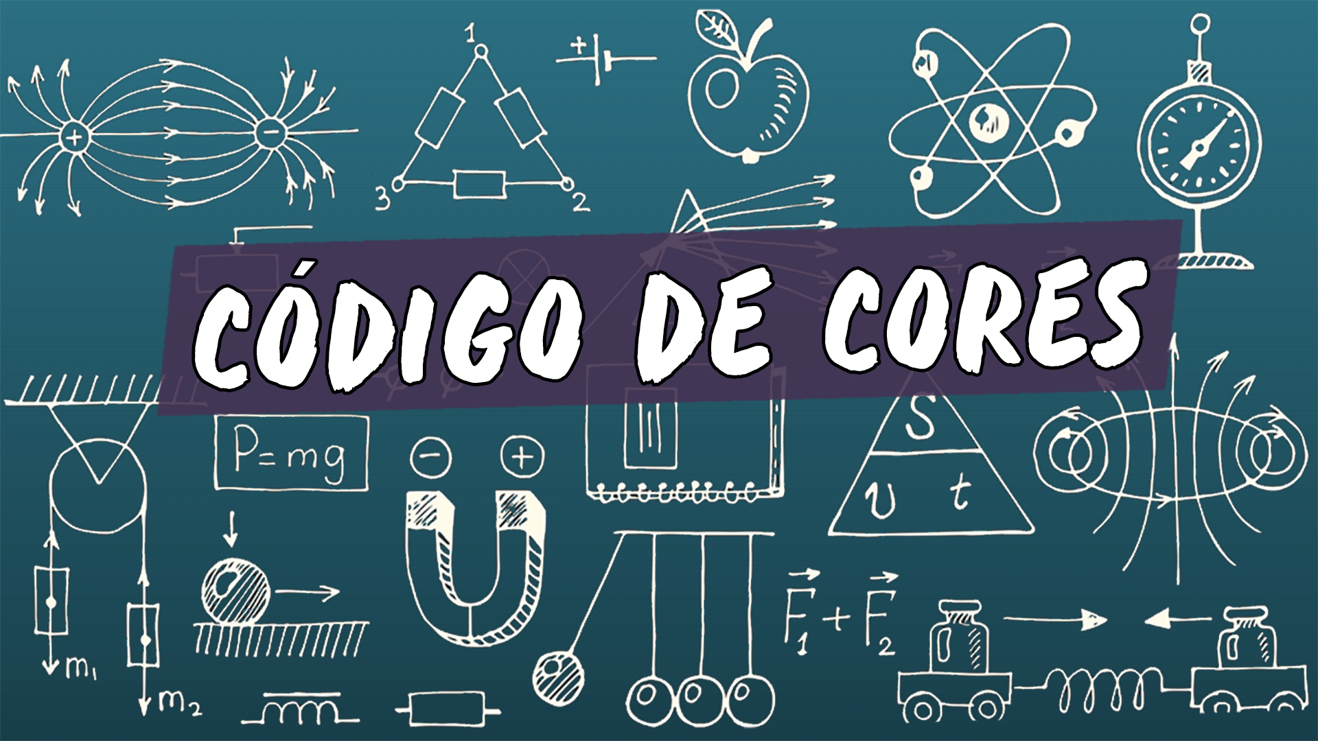 Escrito"Código de Cores" sobre uma representação de vários conceitos da área da física.
