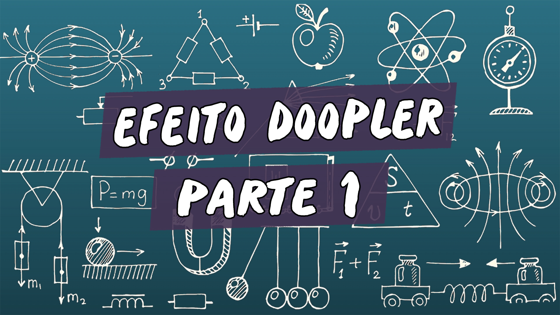 "Efeito Doppler" escrito sobre ilustração de símbolos matemáticos