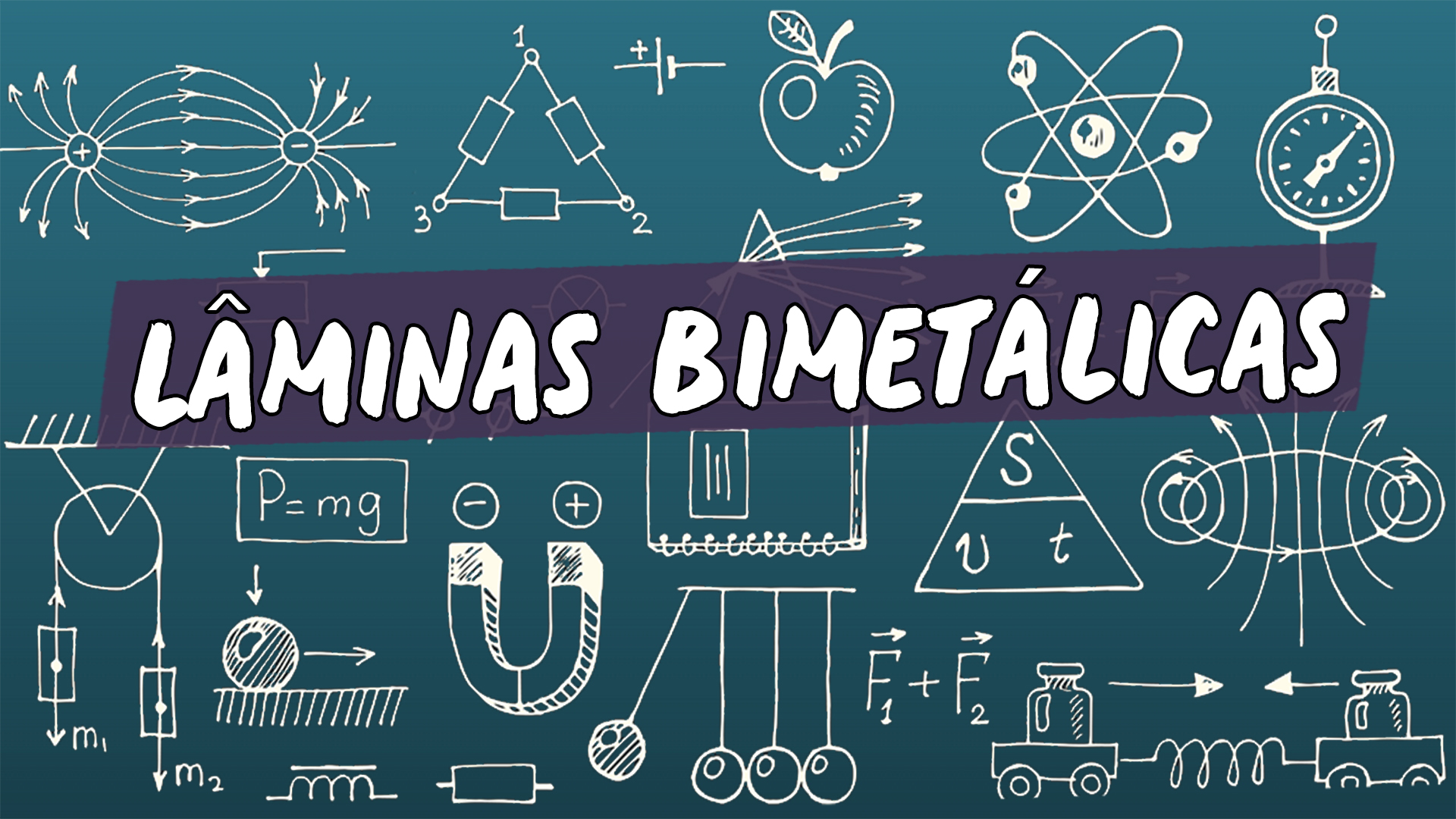 "Lâminas Bimetálicas" escrito sobre ilustração de diversos símbolos matemáticos