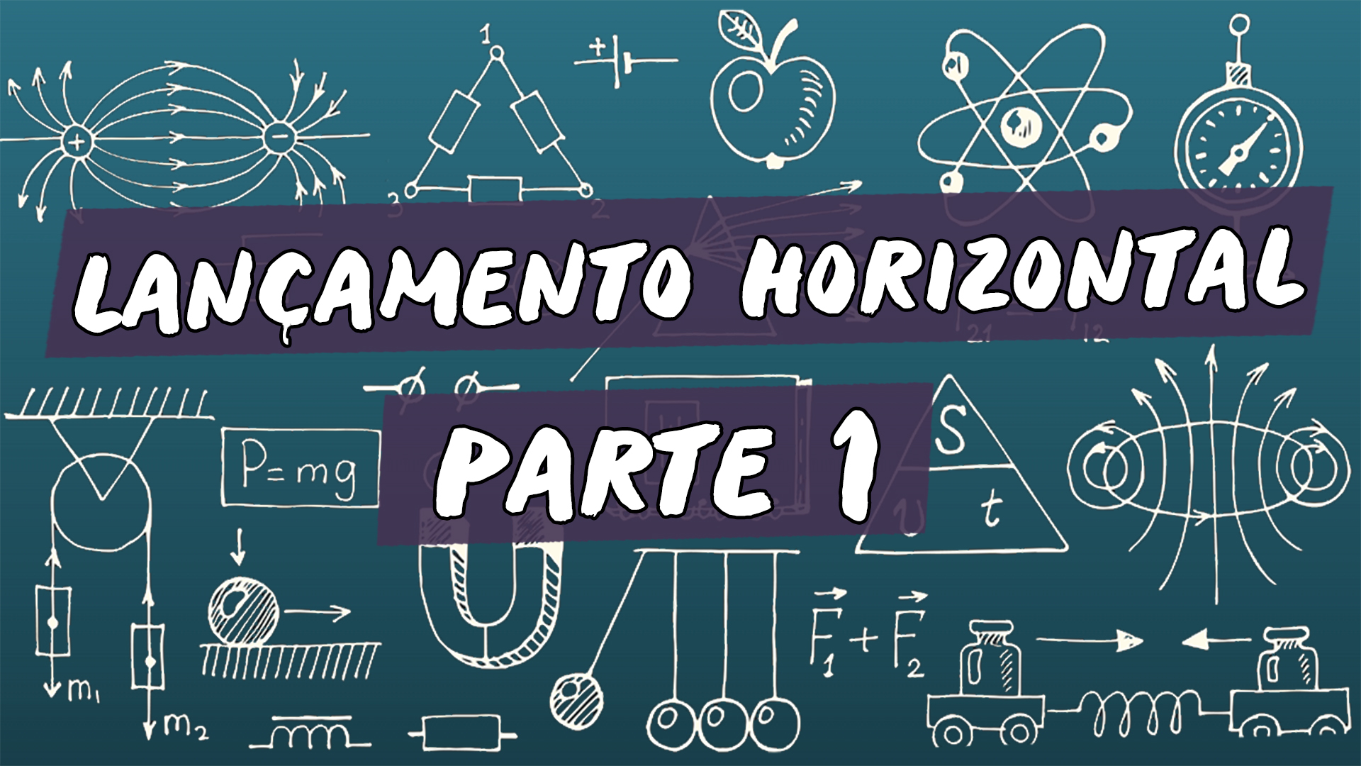 Escrito"Lançamento Horizontal" sobre uma representação de vários conceitos da área da física.