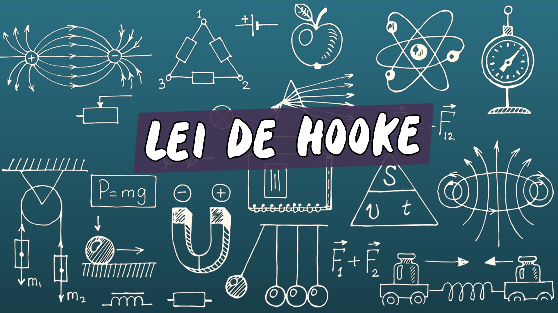 "Lei de Hooke" escrito sobre ilustração de diversos símbolos matemáticos