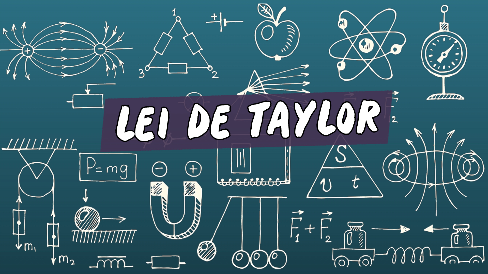 Escrito"Lei de Taylor" sobre uma representação de vários conceitos da área da física.