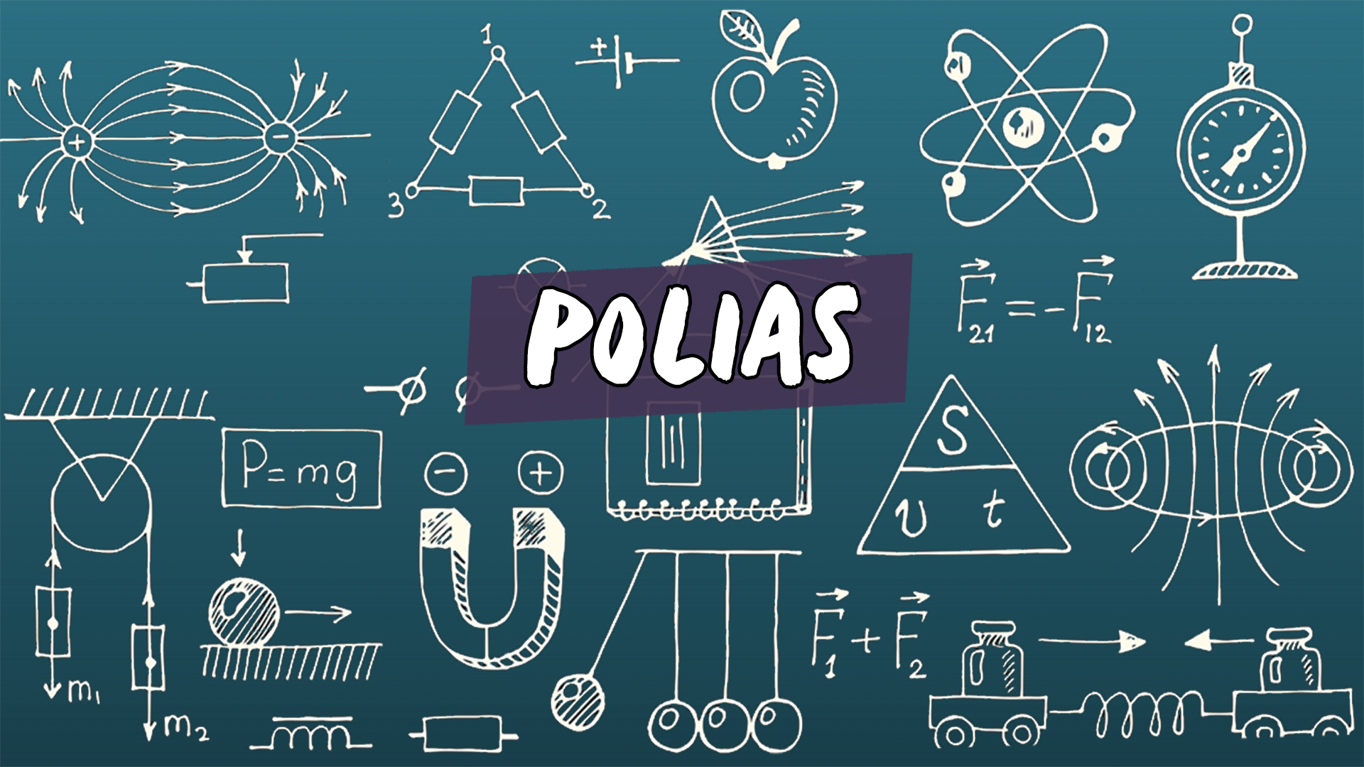 "Polias" escrito sobre ilustração de diversos símbolos matemáticos