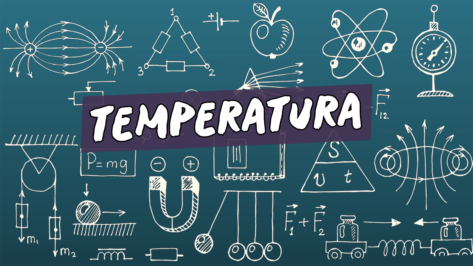 Escrito"Temperatura" sobre uma representação de vários conceitos da área da física.